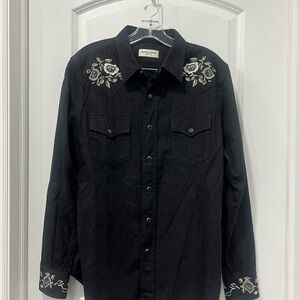 Saint Laurent Black Shirt with White Floral Embroidery